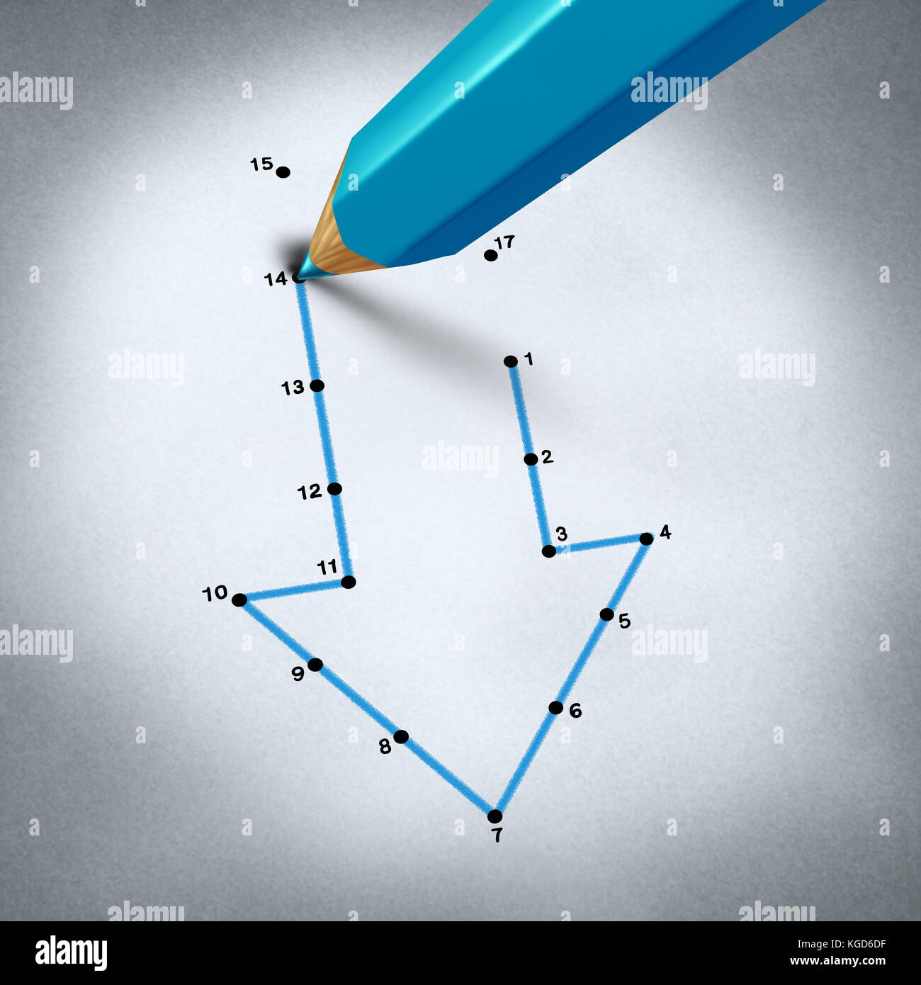 Failure strategy and business decline challenge as a pencil connecting the dots to reveal a decline arrow as a financial metaphor for economic. Stock Photo