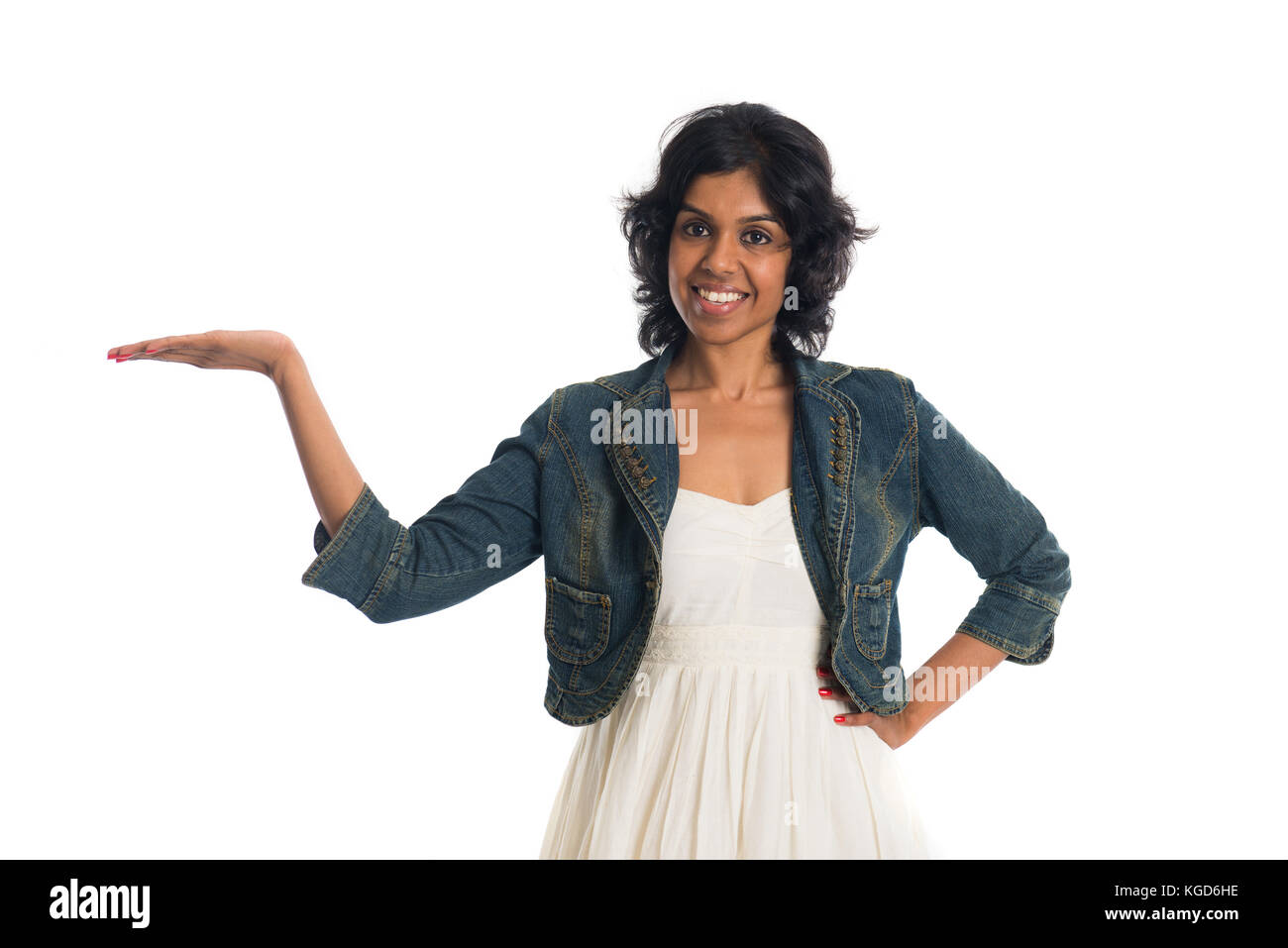 indian teenage girl holding a product Stock Photo