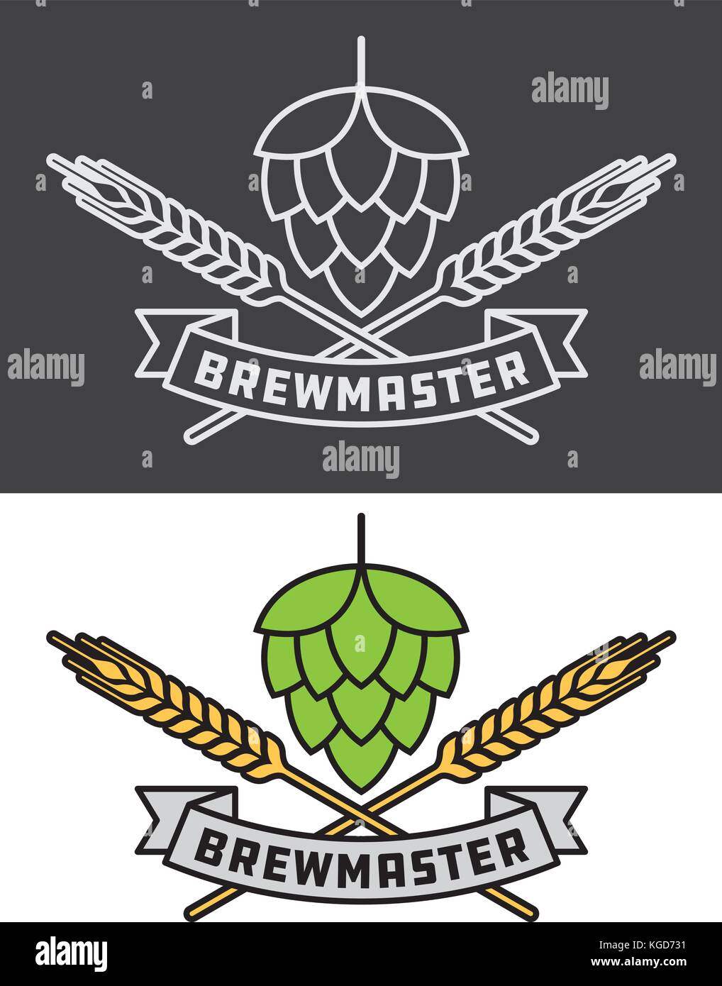 Brewmaster Craft Beer Vector Design icon or logo graphic. Shows hops over crossed barley or wheat with brewmaster banner. Color or black and white. Stock Vector