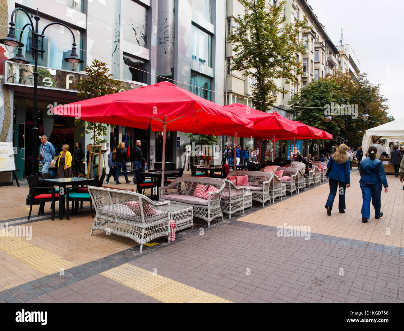 A coffee shop terrace on Vitoshka walking street, Sofia, Bulgaria. Stock Photo