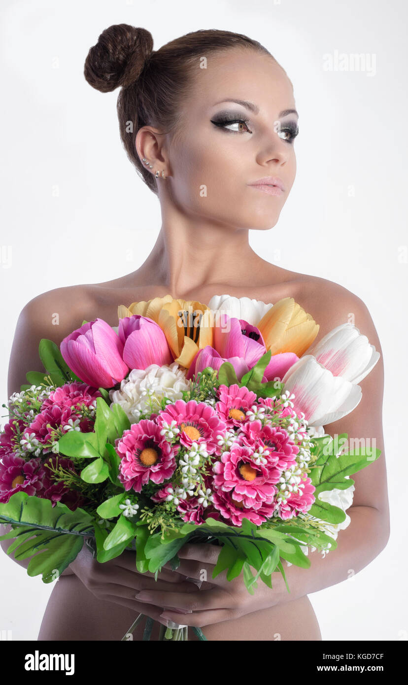 beauty woman with spring flowers studio Stock Photo - Alamy