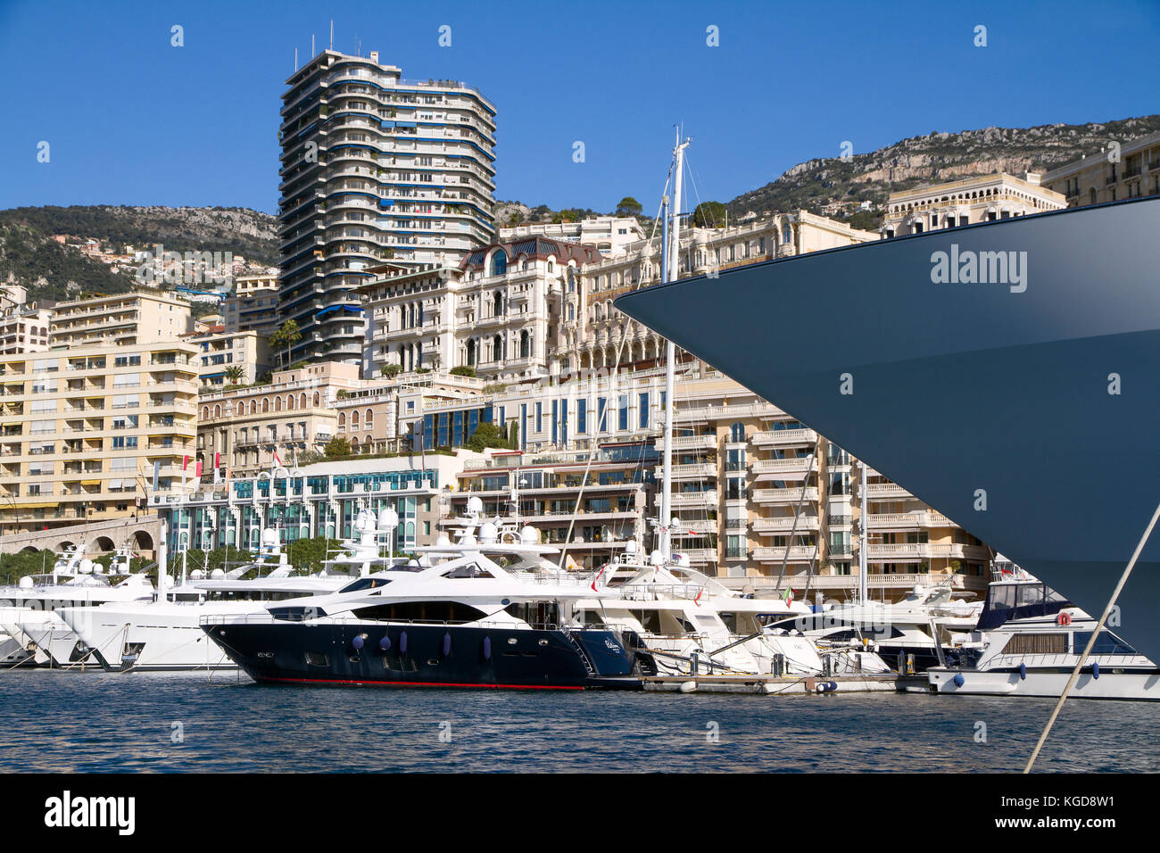 View of the Harbor of Monaco Ville with its Luxary Ships in the French Reviera Stock Photo