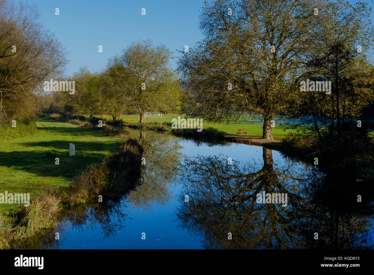 River Itchen Winchester on a glorious sunny autumn day. The River Itchen is a river in Hampshire, England. It flows from mid-Hampshire Stock Photo