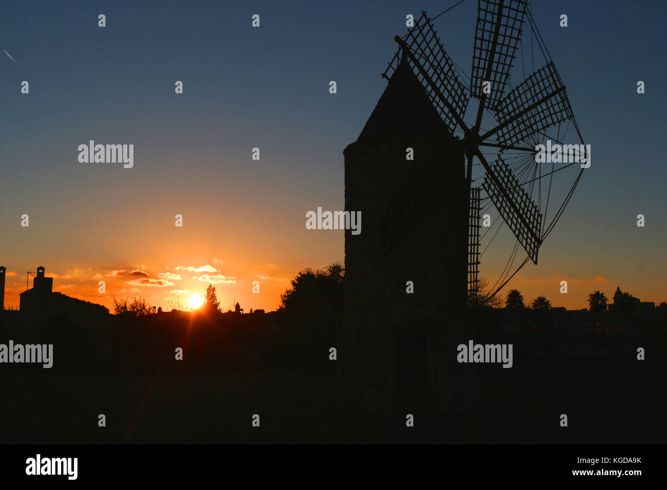 Mallorca, windmill, sunset Stock Photo