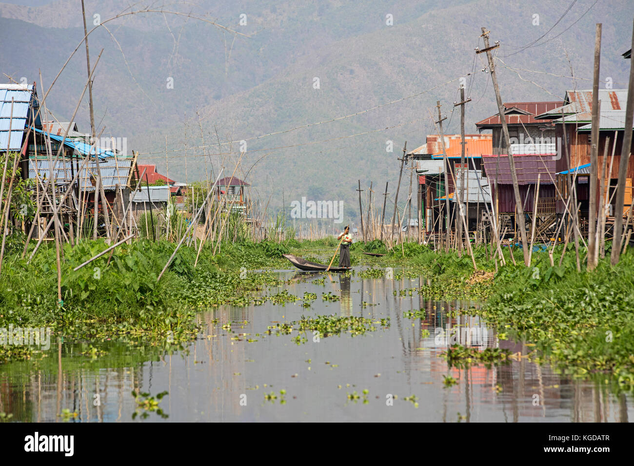 Traditional wooden houses on stilts in Inle Lake, Nyaungshwe, Shan State, Myanmar / Burma Stock Photo