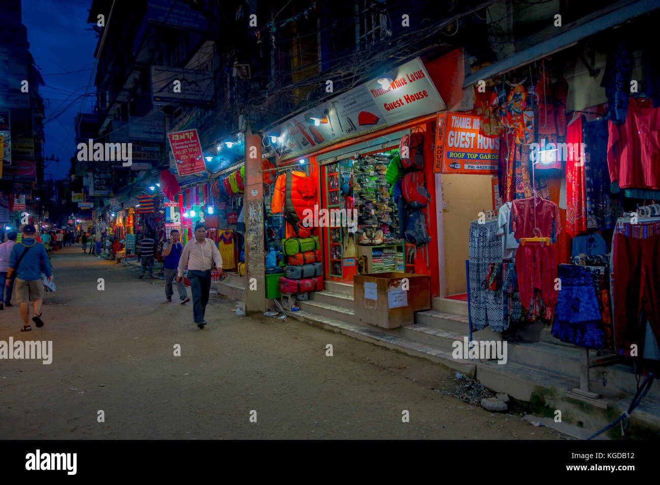 THAMEL, KATHMANDU NEPAL OCTOBER 02, 2017 Night view of streets of