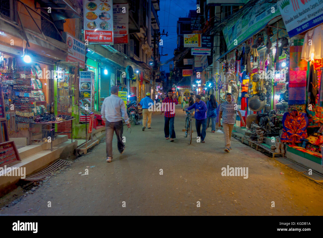 THAMEL, KATHMANDU NEPAL - OCTOBER 02, 2017: Night view of streets of Thamel. Thamel is a commercial neighbourhood in Kathmandu, the capital of Nepal. One of the popular tourist attraction in Kathmandu Stock Photo