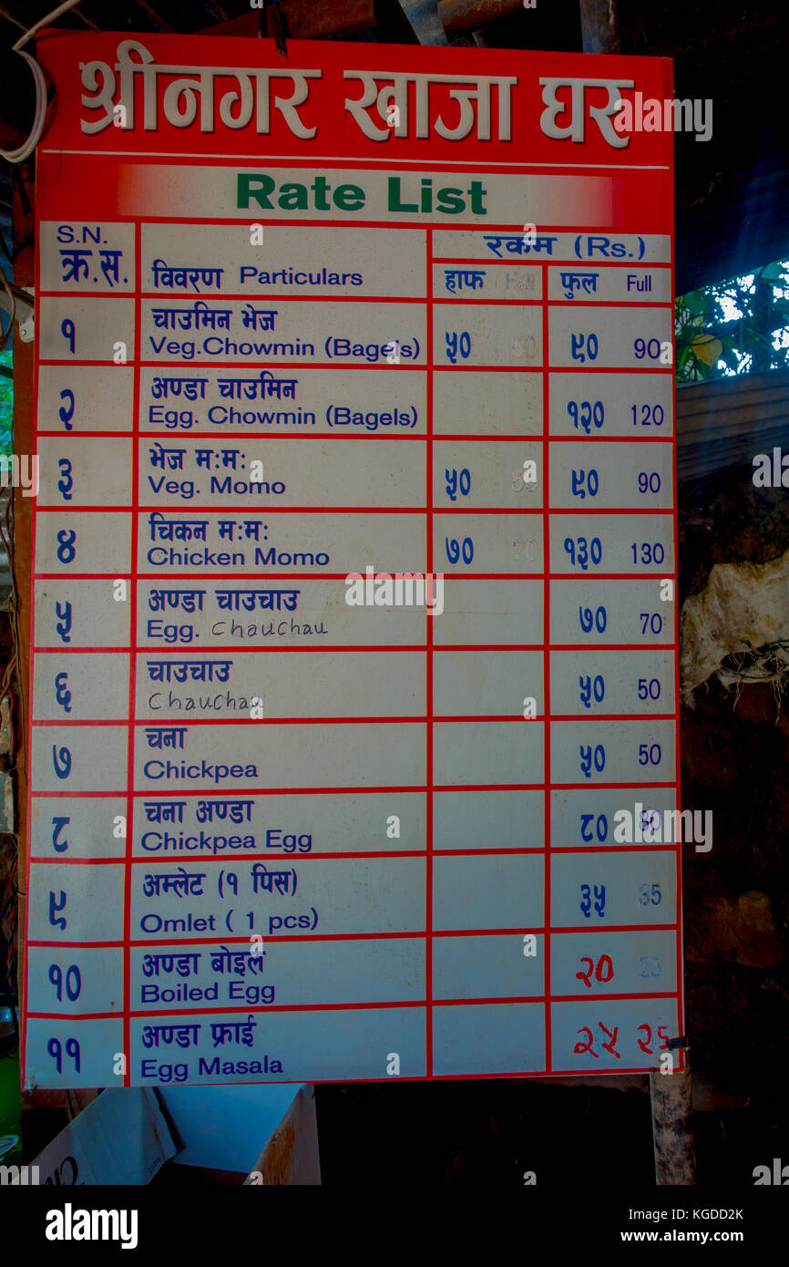 POKHARA, NEPAL OCTOBER 10, 2017 Informative sign of prices of the food