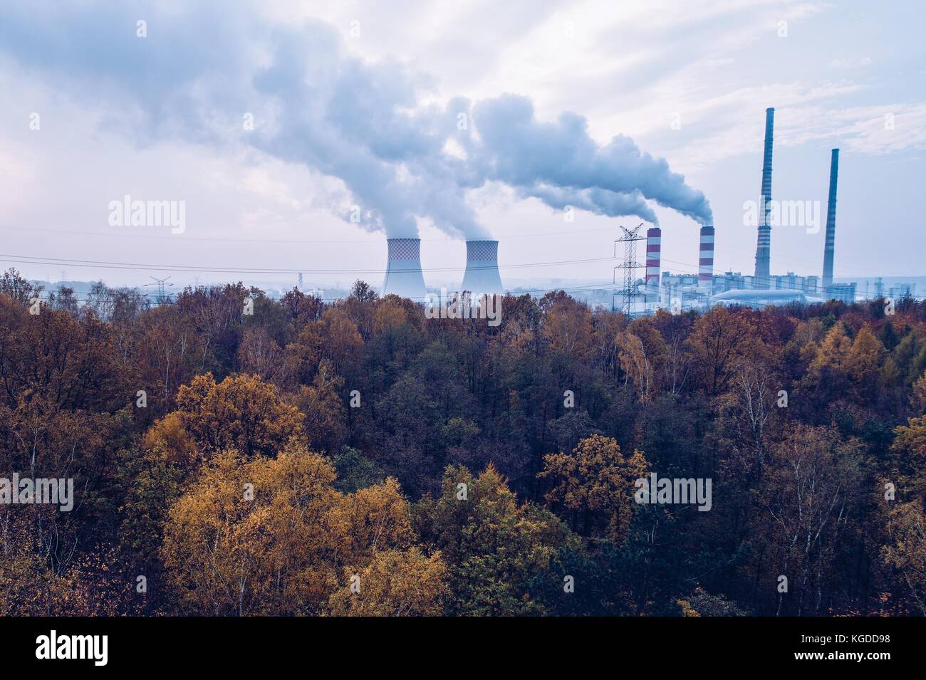 Smoke over forest and power plant. Air pollution Stock Photo - Alamy