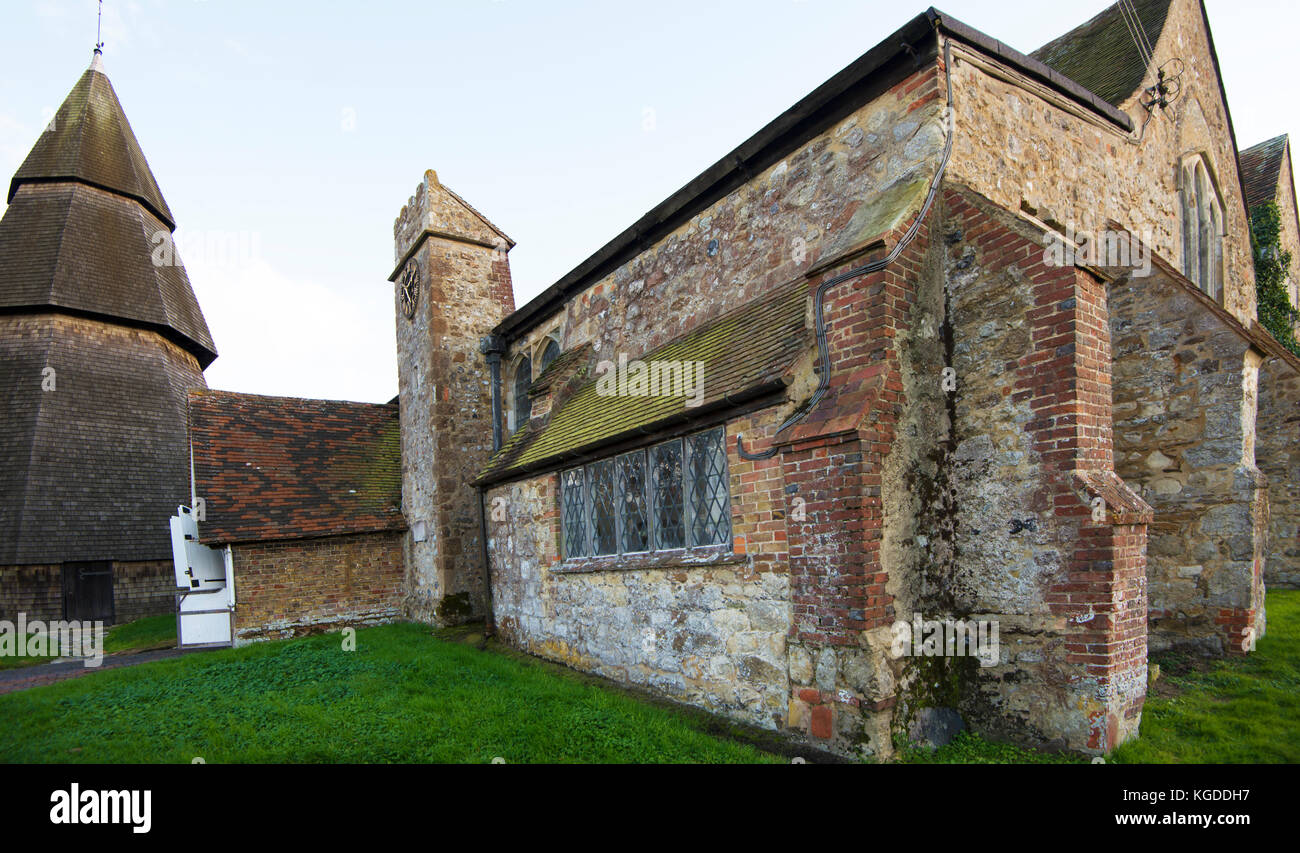 Brookland Church and separate steeple in Kent, not too far from Rye in East Sussex. In the church is a very ancient font and a painting of a murder. Stock Photo