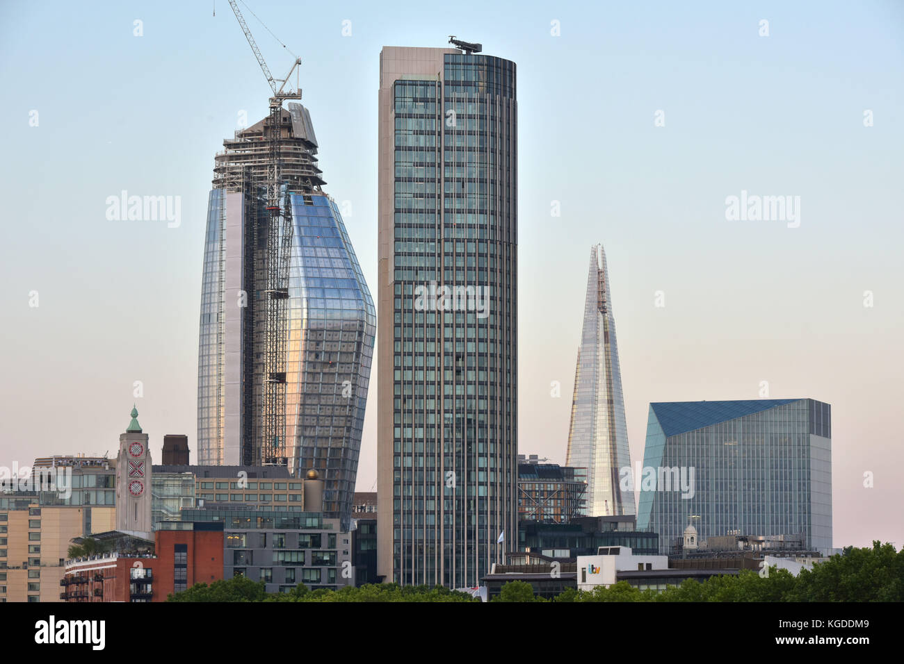 New developments along the South Bank of the River Thames in London are creating an alternative London skyline. Left to right, the diminutive OXO Towe Stock Photo