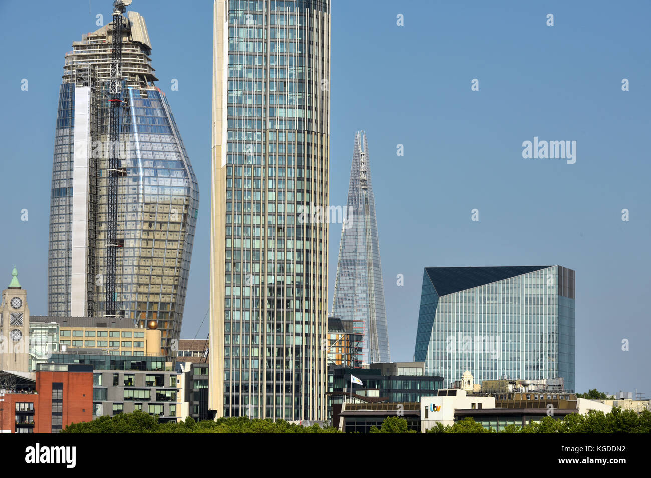 New developments along the South Bank of the River Thames in London are creating an alternative London skyline. Left to right, the diminutive OXO Towe Stock Photo