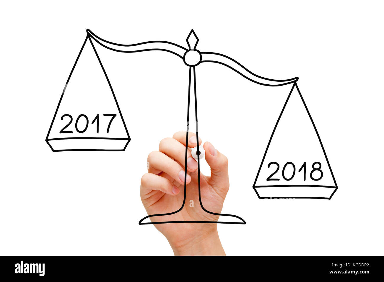 Hand drawing scale concept with marker on transparent wipe board isolated on white. Year 2018 is better than 2017. Stock Photo
