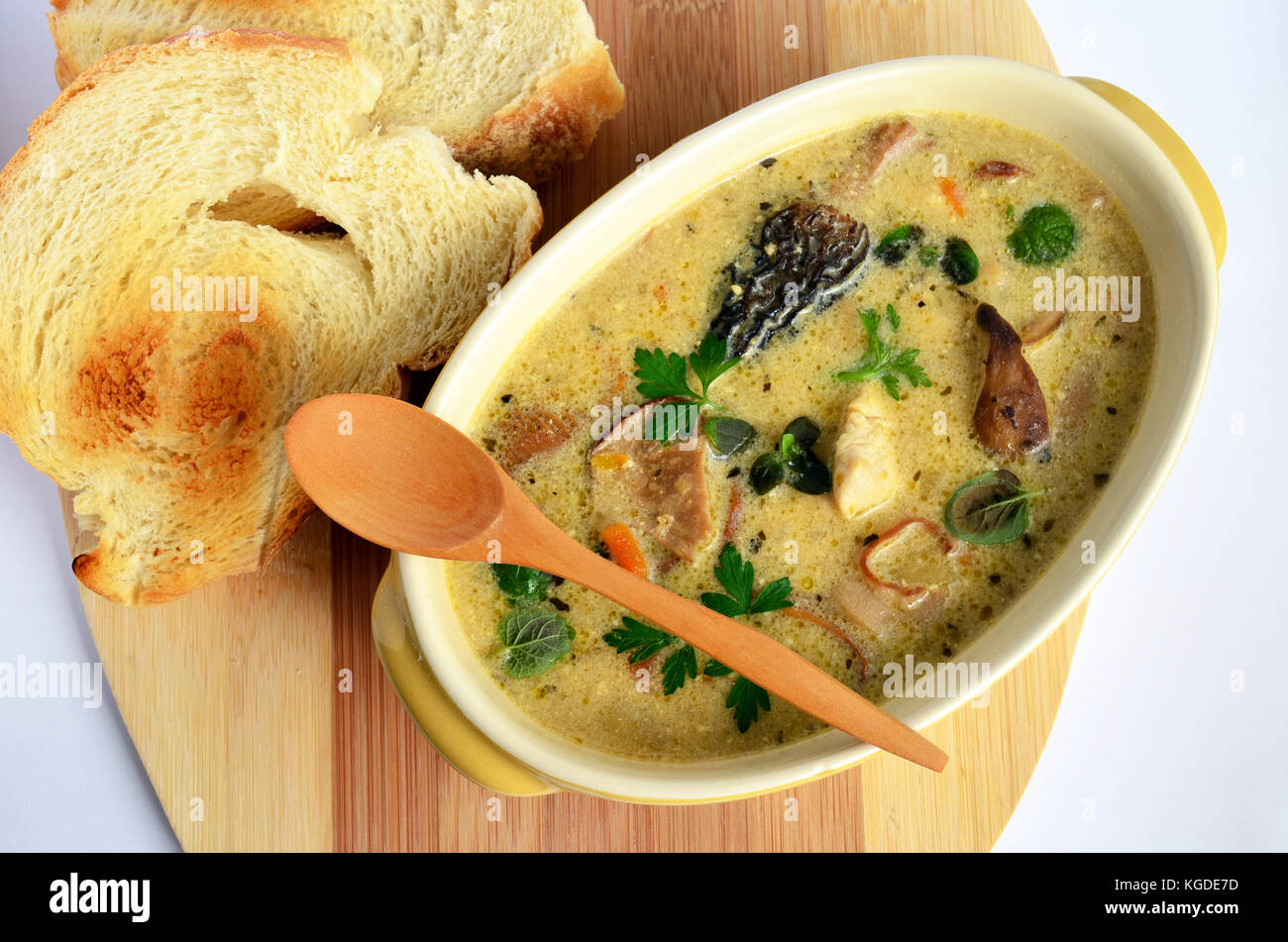 Cream soup prepared of chicken meat and lot of sorts of wild mushrooms, spiced with fresh, green herb spices and served in rustic, ceramic bowl with t Stock Photo