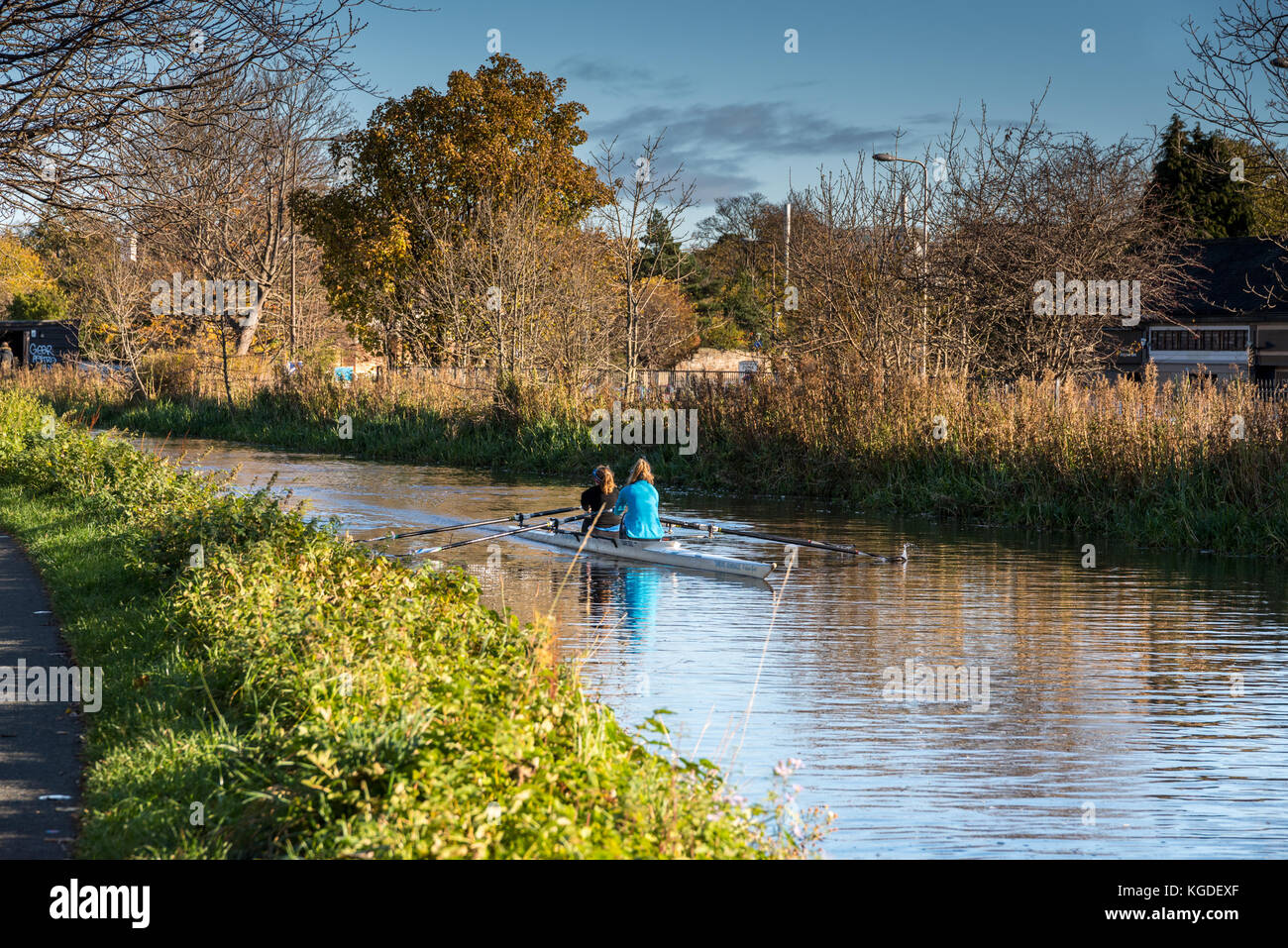 Rowers rowing in a boat on the Union Canal in Edinburgh on a sunny day ...