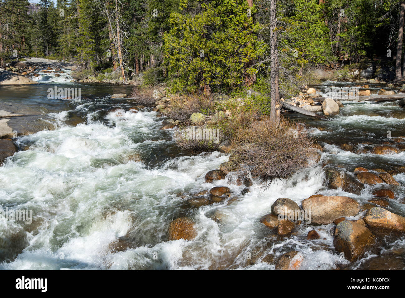 The Merced River flows through Yosemite National Park. Stock Photo