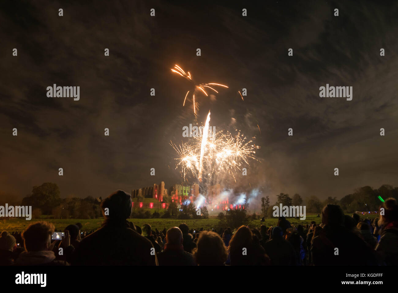 People watching Fireworks display at bonfire 4th of November celebration, Kenilworth Castle