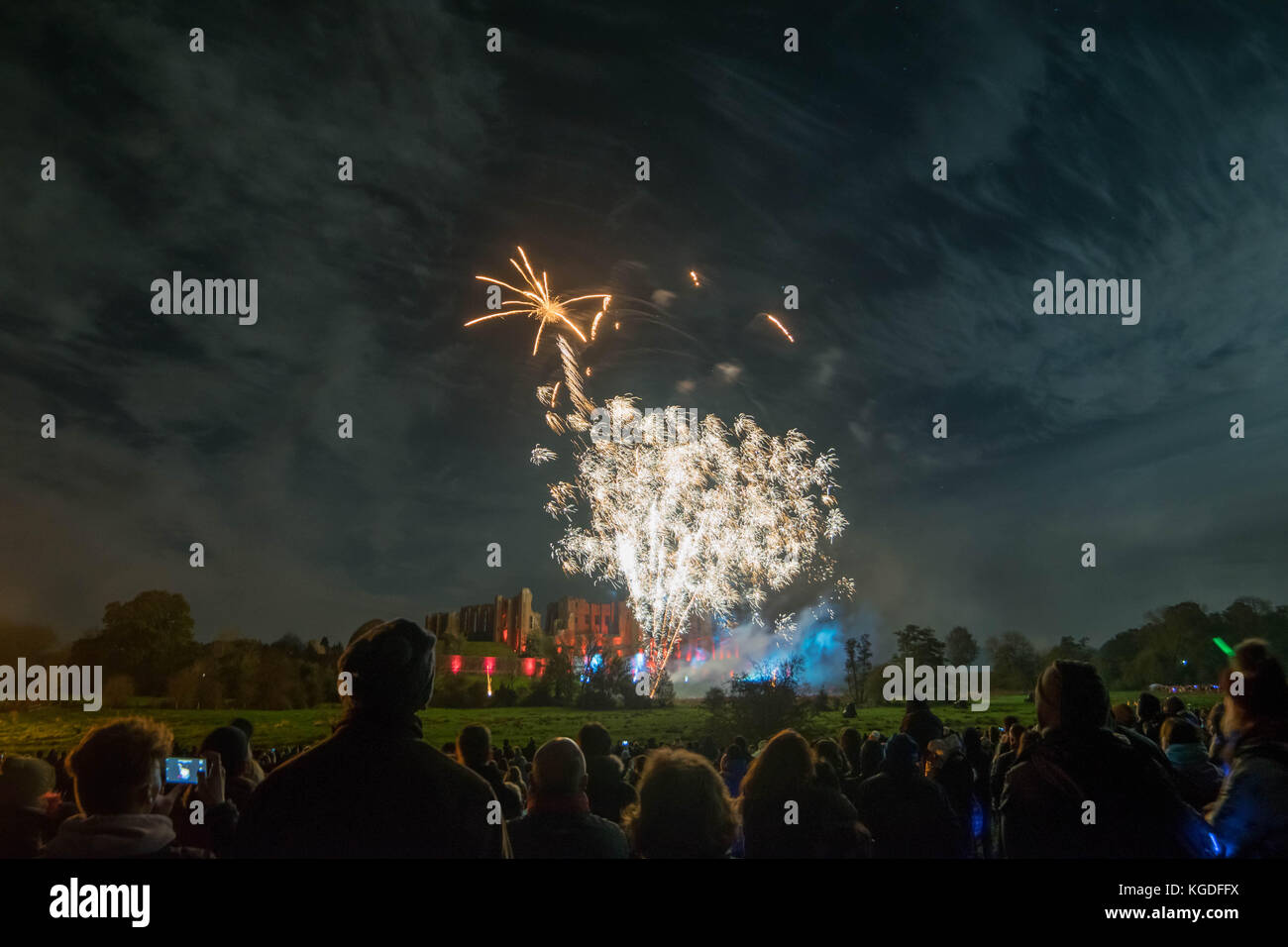 People watching Fireworks display at bonfire 4th of November celebration, Kenilworth Castle