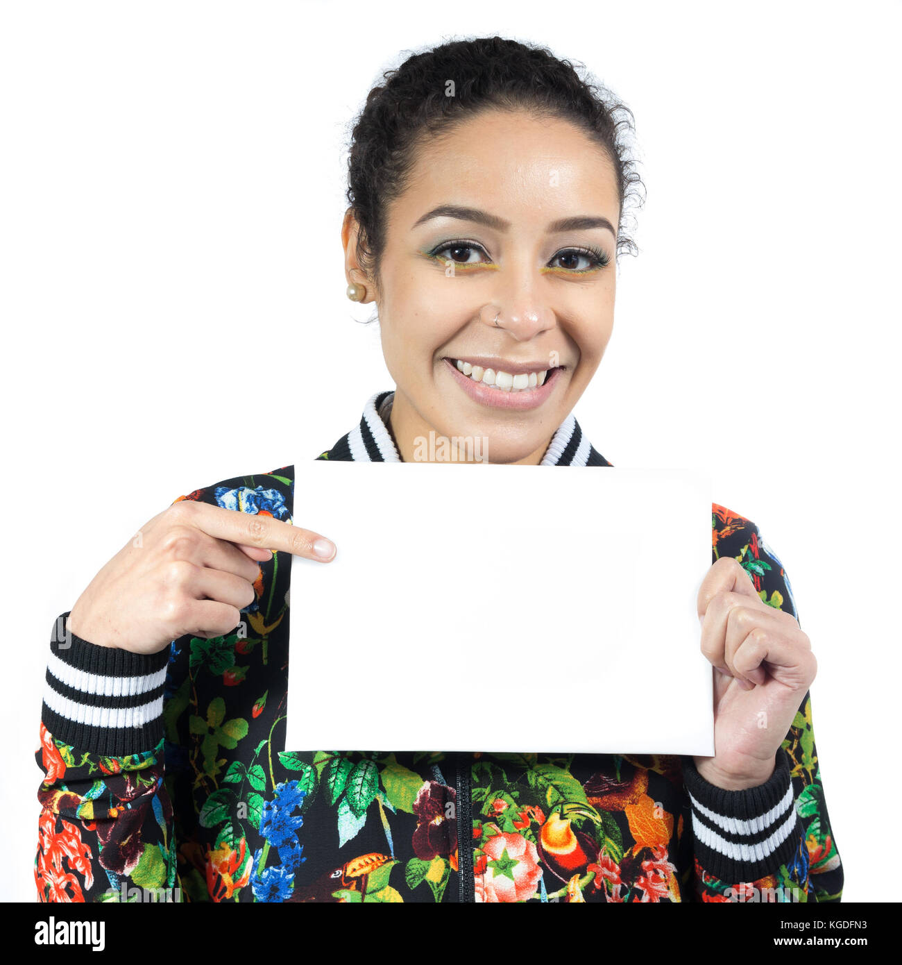 Cute and friendly woman holds a blank sign. Space for text and