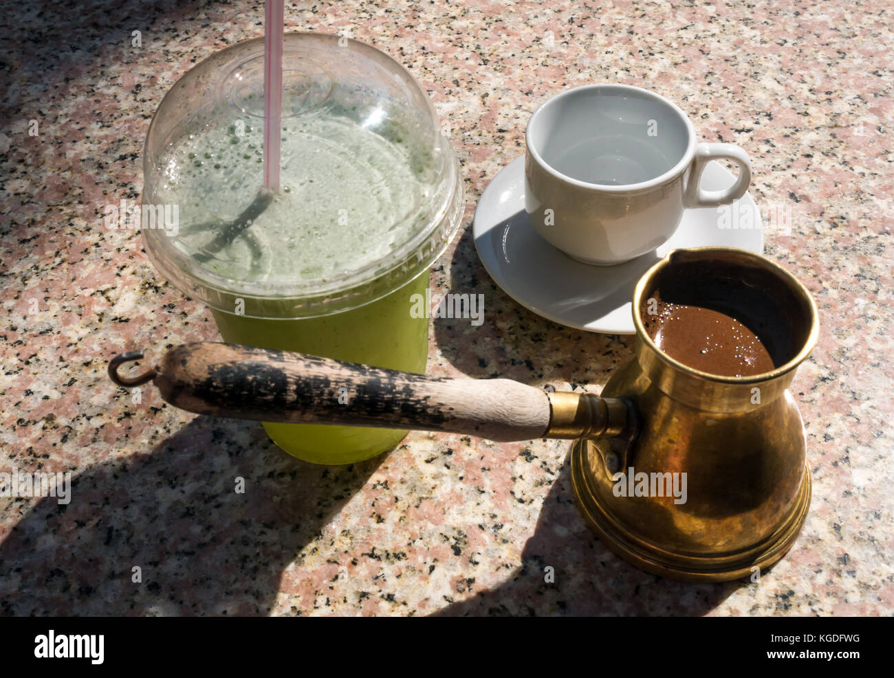 Turkish coffee and cool mint fruit juice refreshments in Petra cafe, Jordan, Middle East Stock Photo