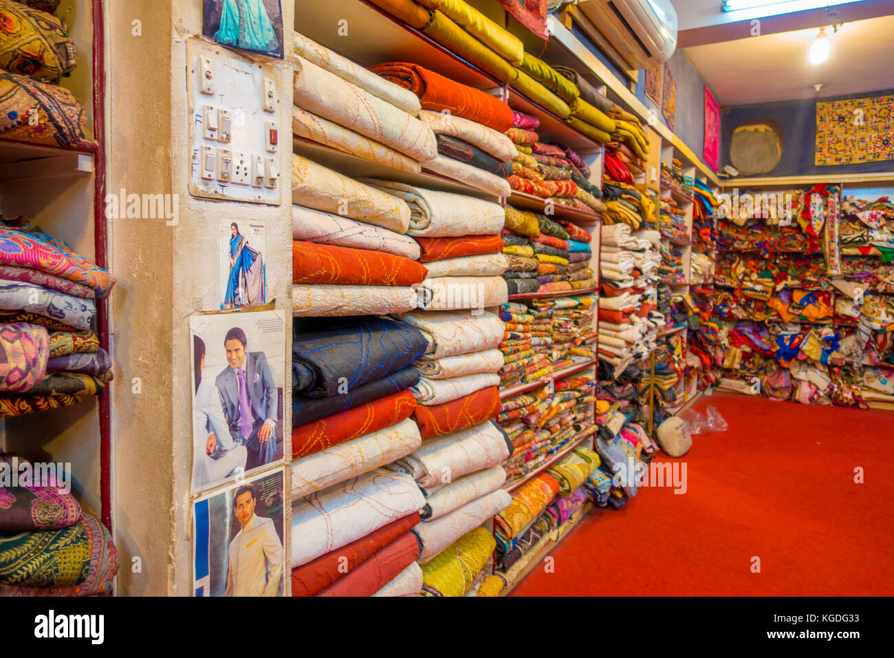 JAIPUR, INDIA SEPTEMBER 19, 2017 Indoor view of fabric store, with a