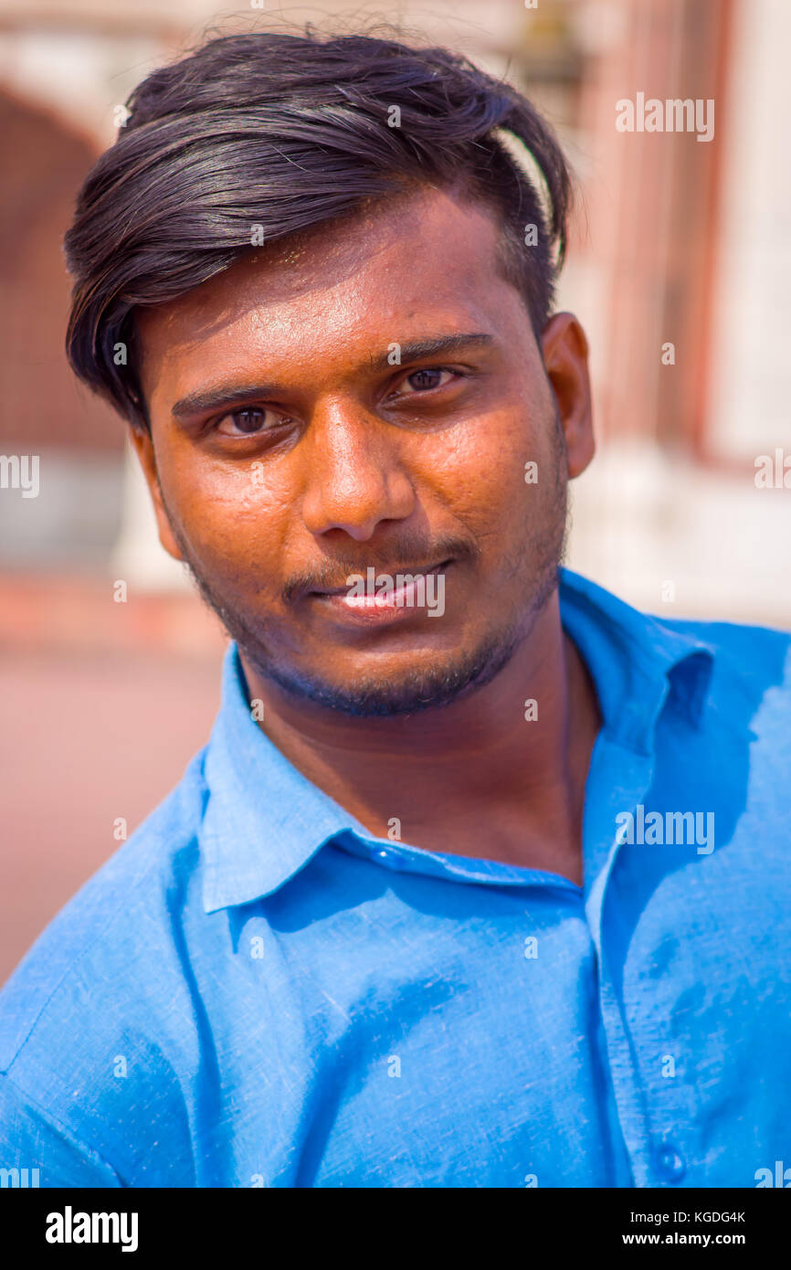 Amber, India - September 19, 2017: Portrait of an unidentified Indian man wearing a blue t-shirt on the streets of Amber, India Stock Photo