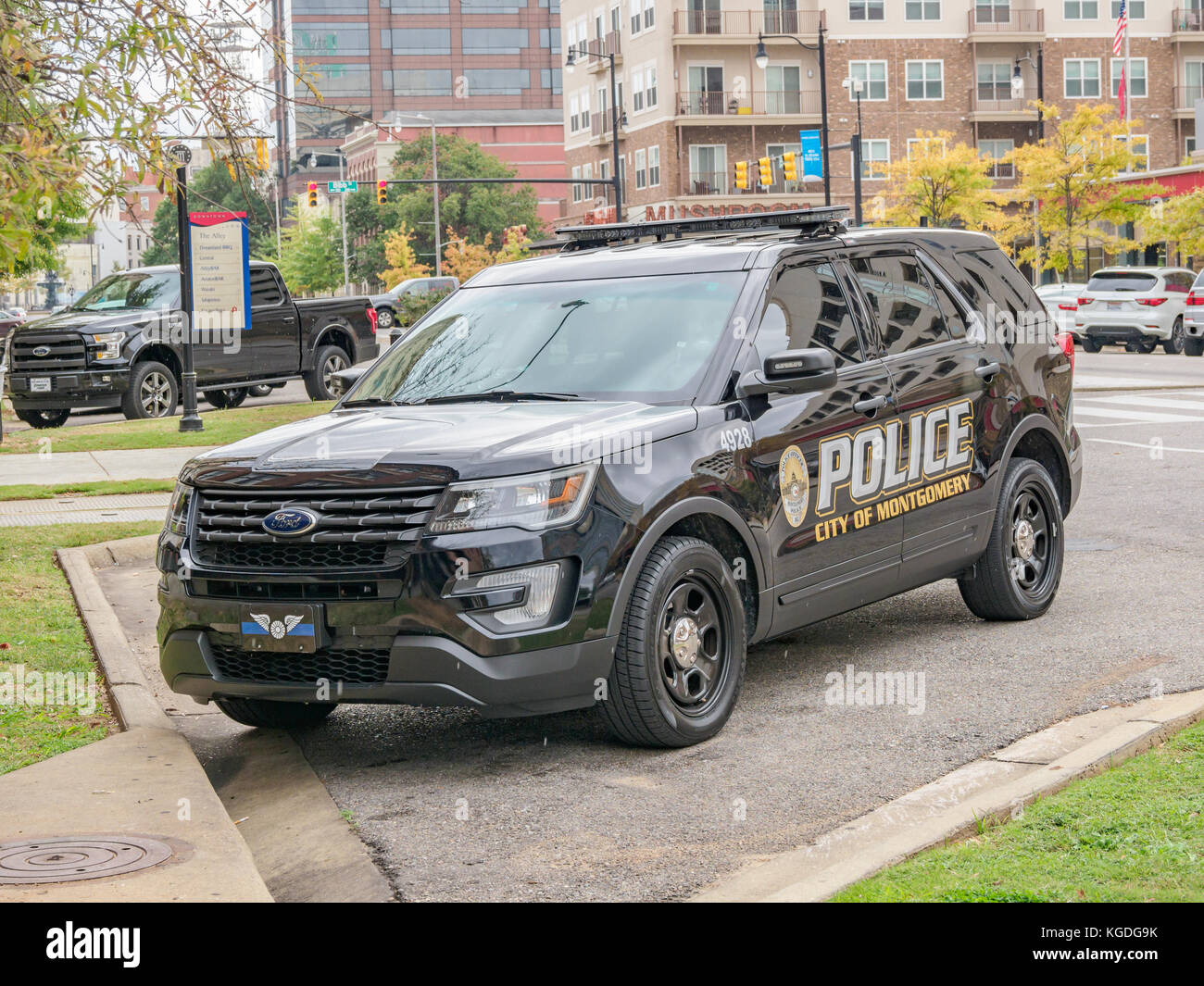 Black police SUV, Ford Explorer police interceptor, parked in downtown Montgomery, Alabama USA. Stock Photo