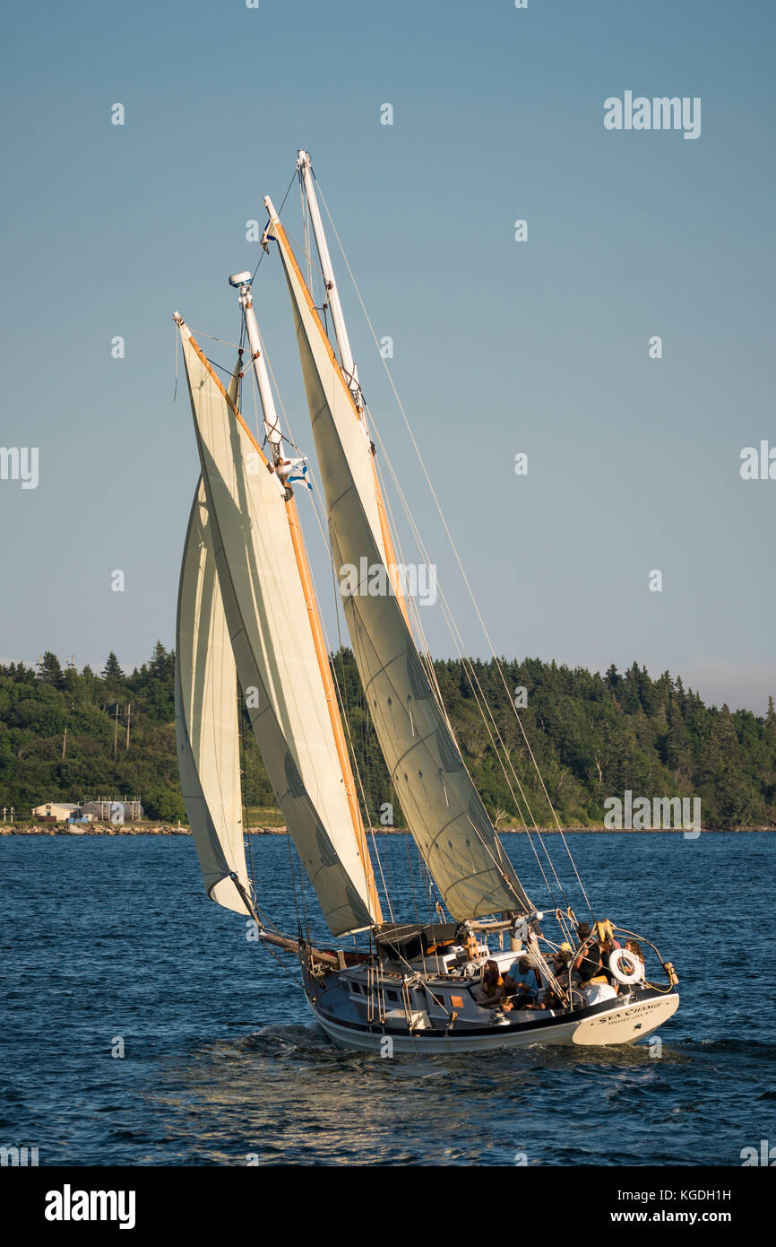 A schooner sailing in the harbour at Lunenburg, Nova Scotia, Canada
