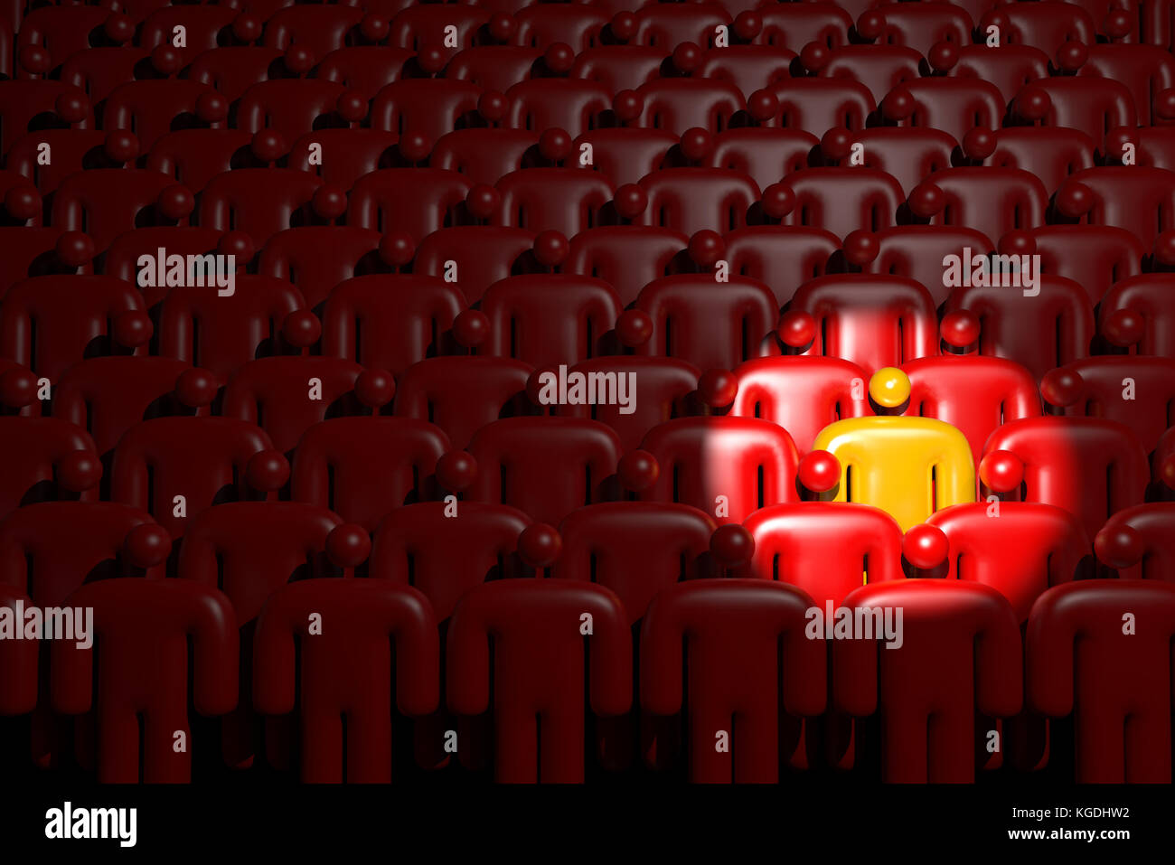 A yellow figure standing out against a red figures crowd. Standout in the crowd. Stock Photo