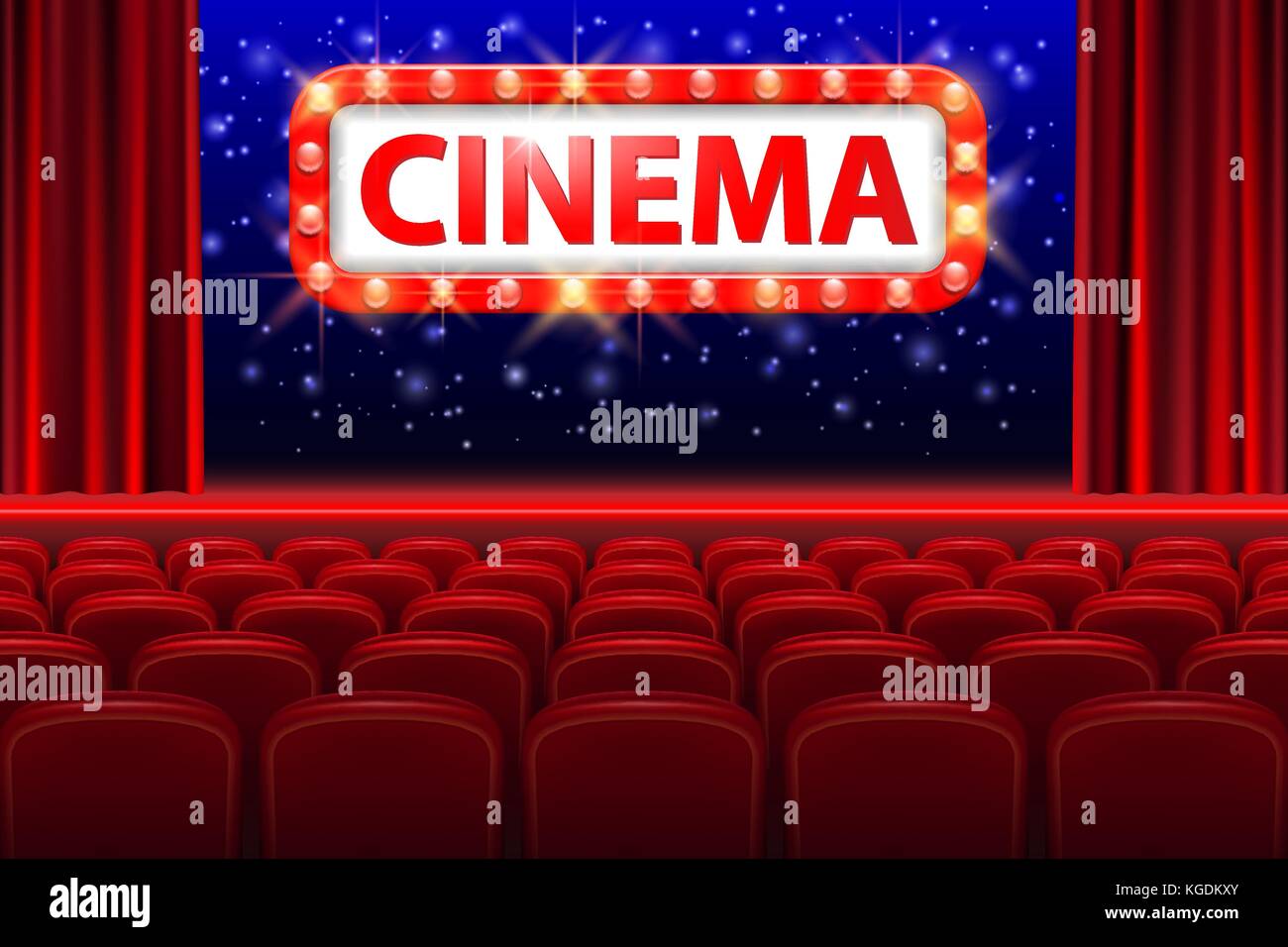 Realistic cinema hall interior with red seats. Retro style cinema sign with spot light frame. Movie premiere poster design. Vector illustration. Stock Vector