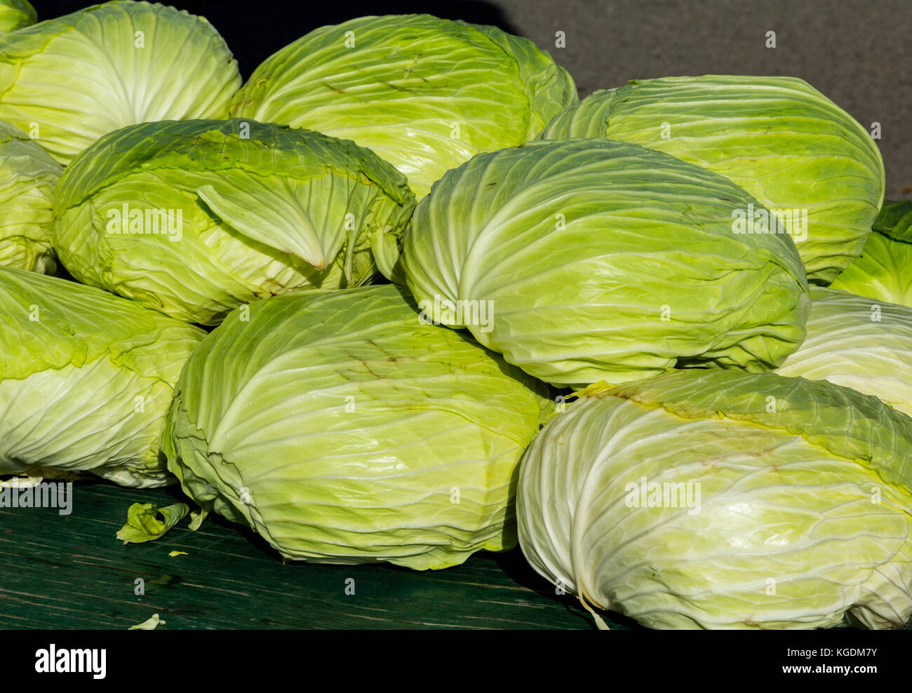 Flat head cabbage for sale at market stand. St. Jacobs Market Ontario
