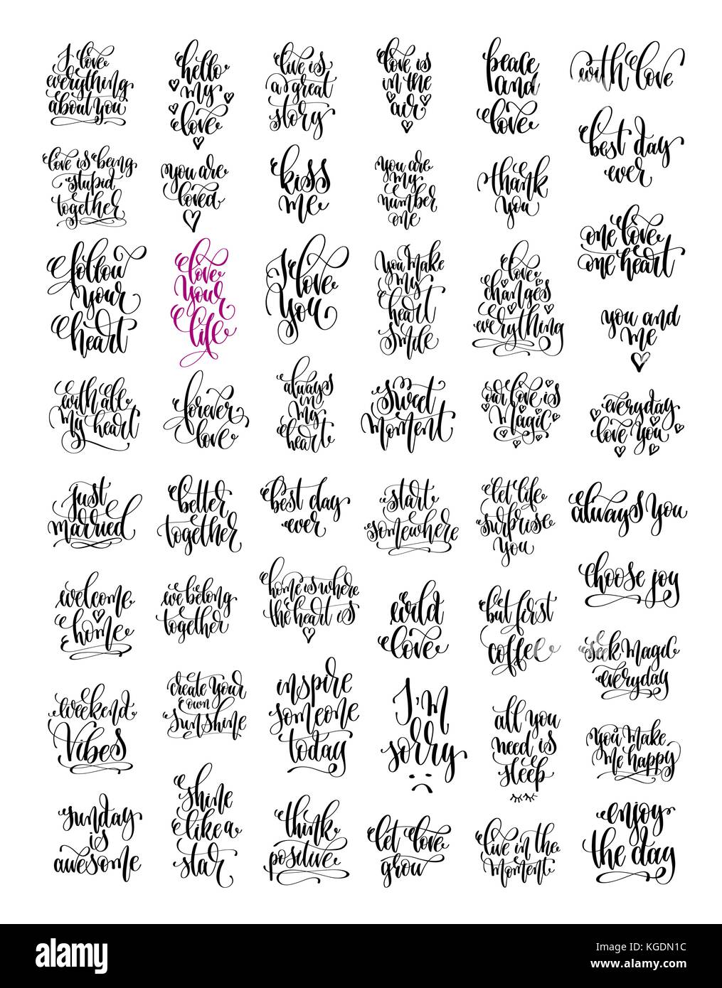 set of 50 hand lettering inscription, love letters positive quot Stock Vector