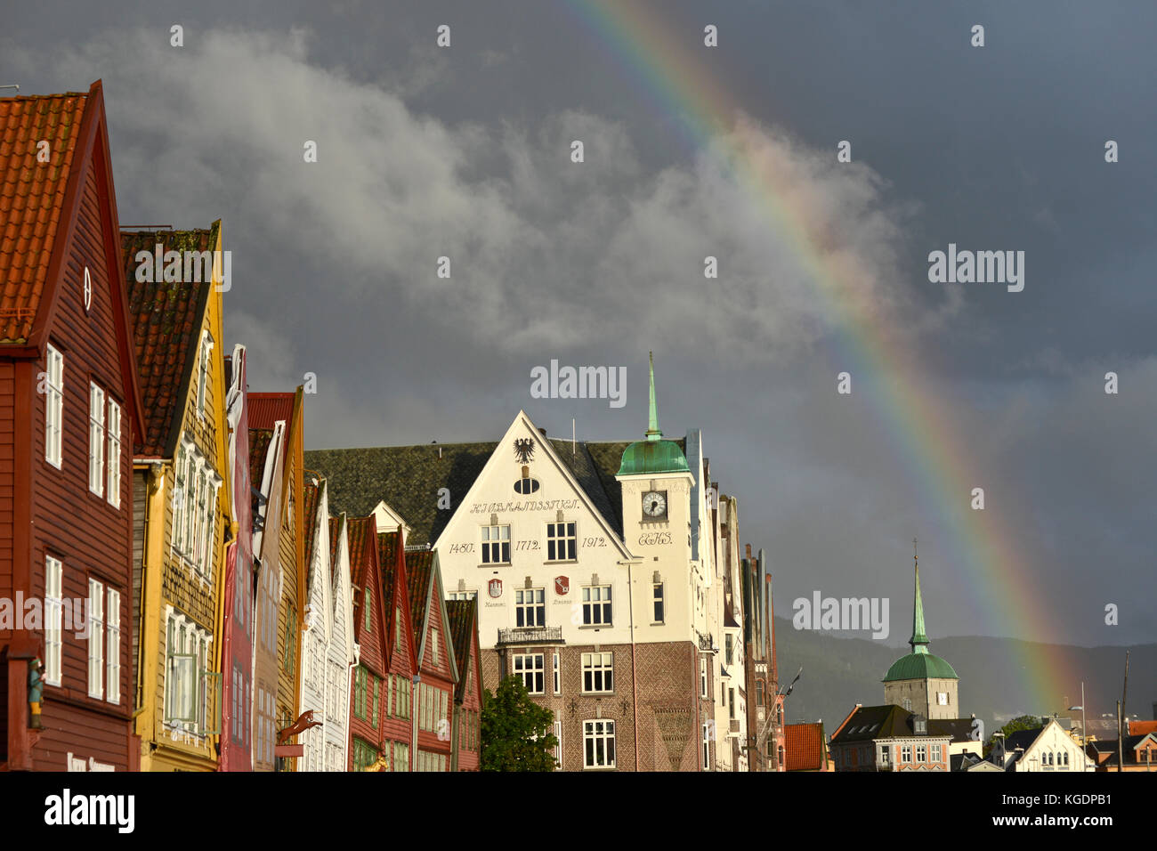 Rainbow at Bryggen street, Bergen, Norway Stock Photo