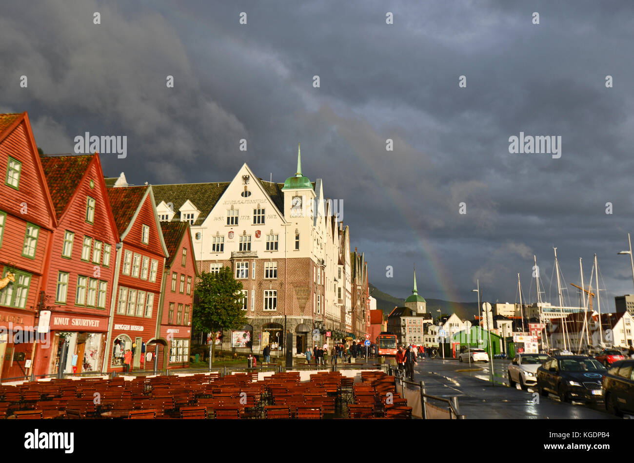 Rainbow at Bryggen street, Bergen, Norway Stock Photo
