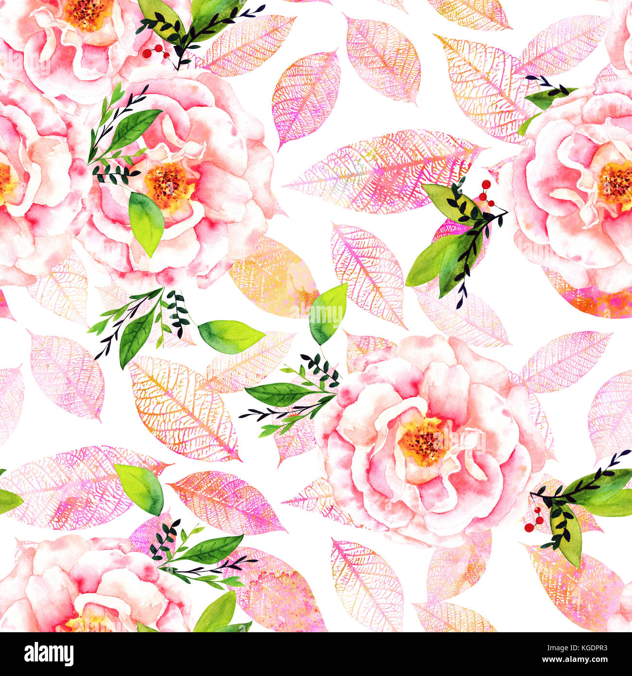 Seamless watercolor rose bud and leaf pattern with pink leaves Stock ...