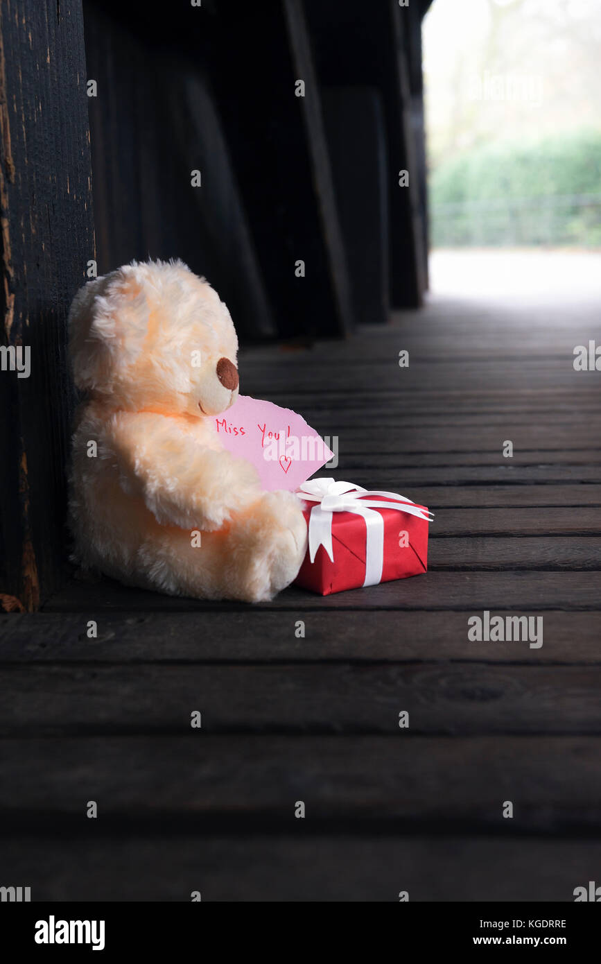 Cute teddy bear holding a red gift box with white ribbon and bow and a ...