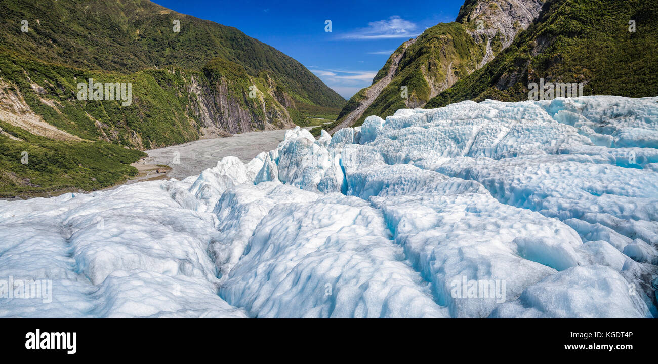 Panoramic view of the lower part of Fox Glacier at New Zealand's South Island a major tourist attraction and one of the most accessible glaciers in th Stock Photo