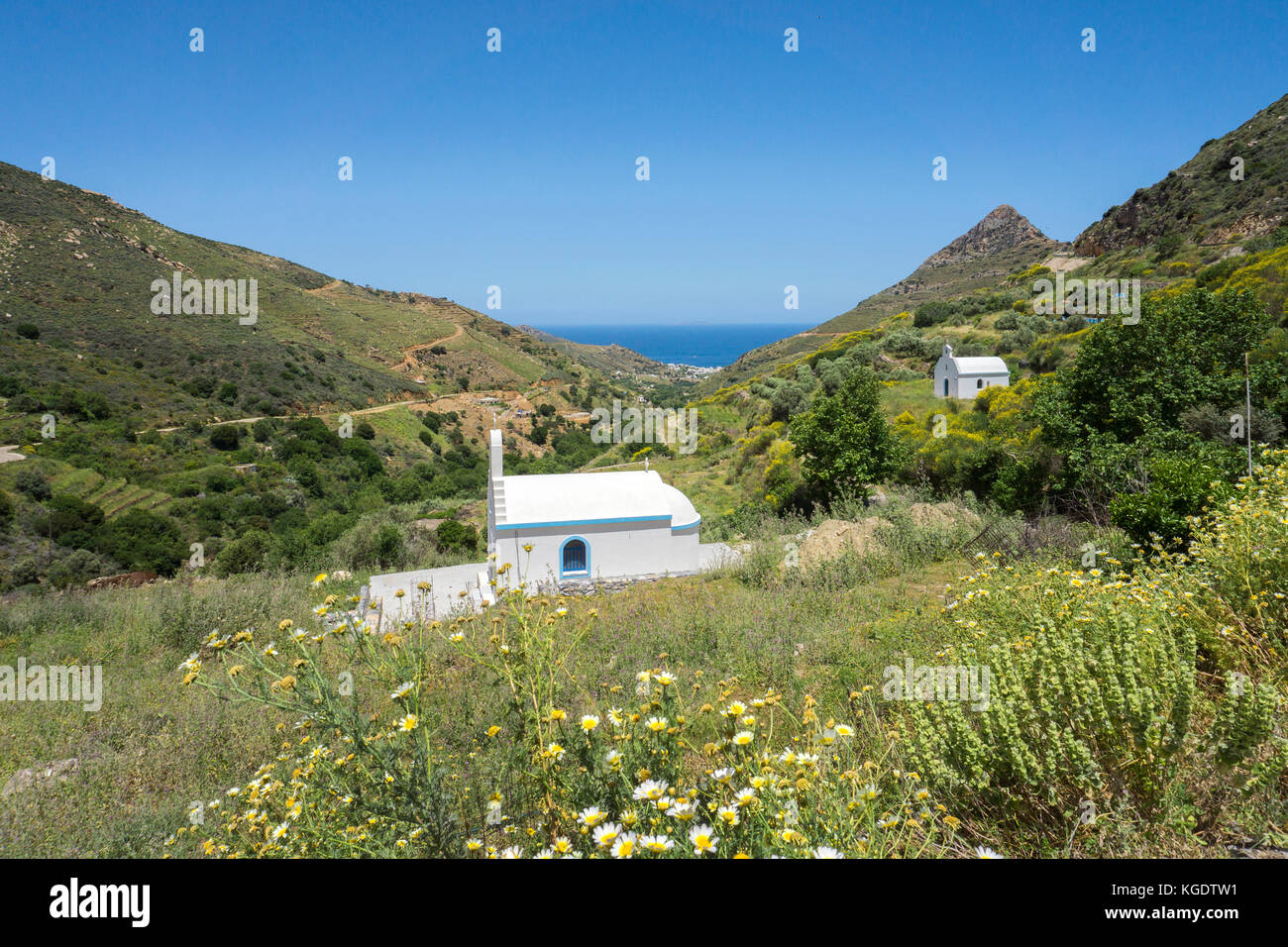 Two tiny chapels and coast landscape at the north side of Naxos, Cyclades, Greece, Mediterranean Sea, Europe Stock Photo