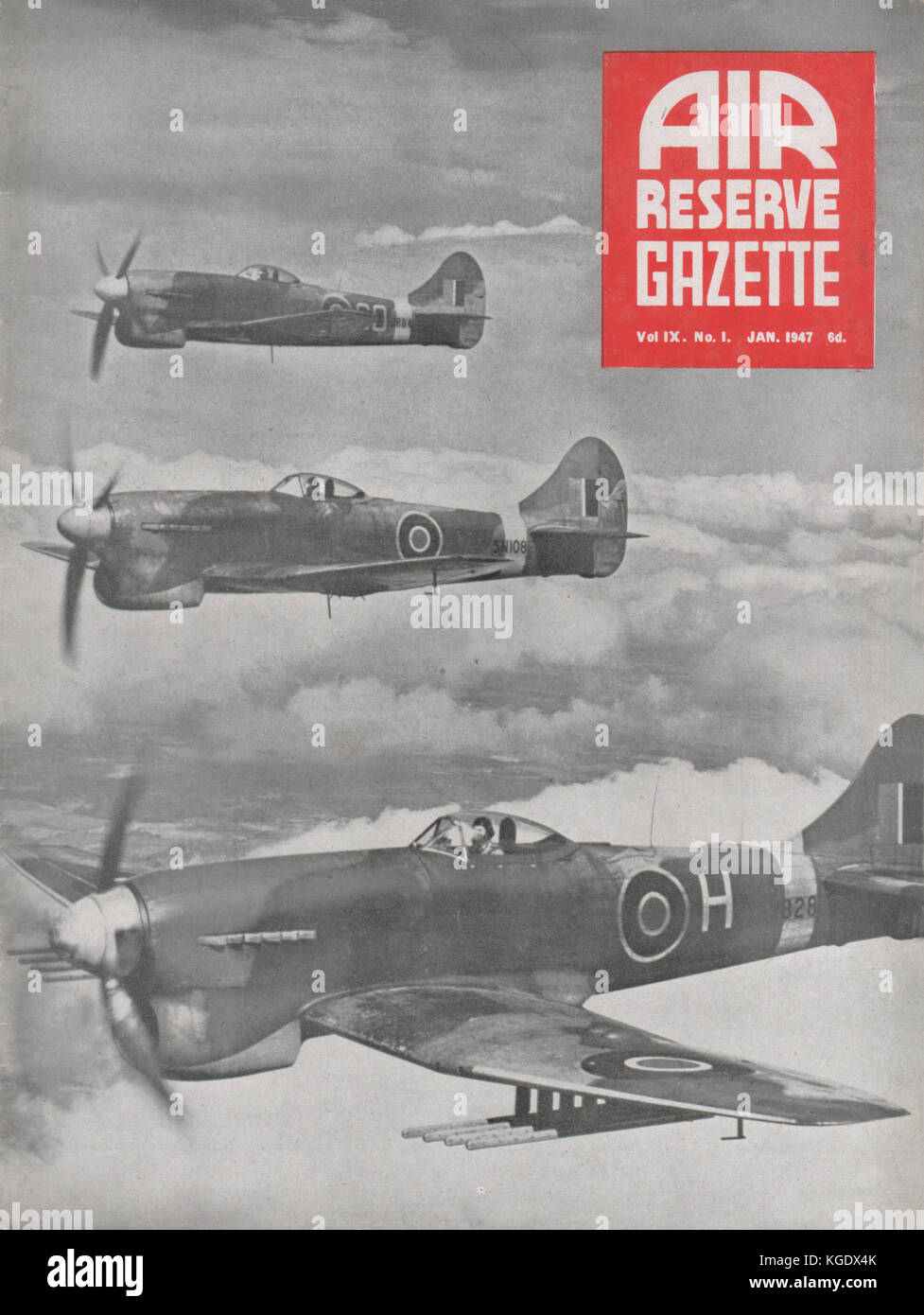 Vintage Air Reserve Gazette magazine cover dated Jan 1947 showing a flight of Hawker Typhoon fighter bombers of the world war two era. This cover is the first issue after the magazine was re-named from The Journal of the Air Training Corps Stock Photo