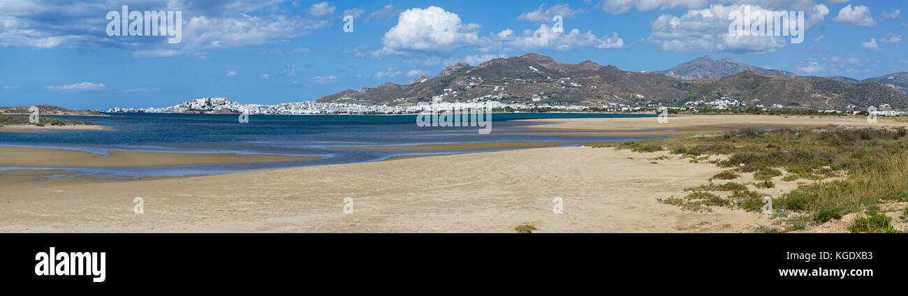 Panoramic view of Naxos-town, view from Saint George beach, Naxos island, Cyclades, Aegean, Greece Stock Photo