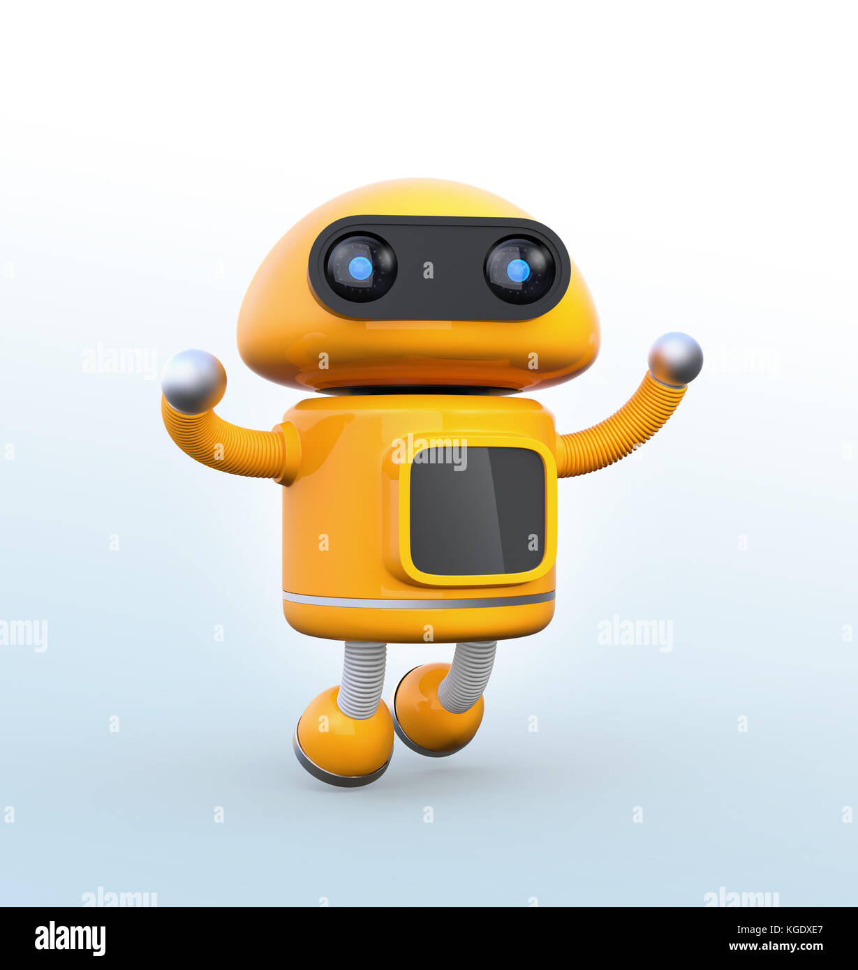 Cute orange robot is dancing on white background. 3D rendering image. Stock Photo