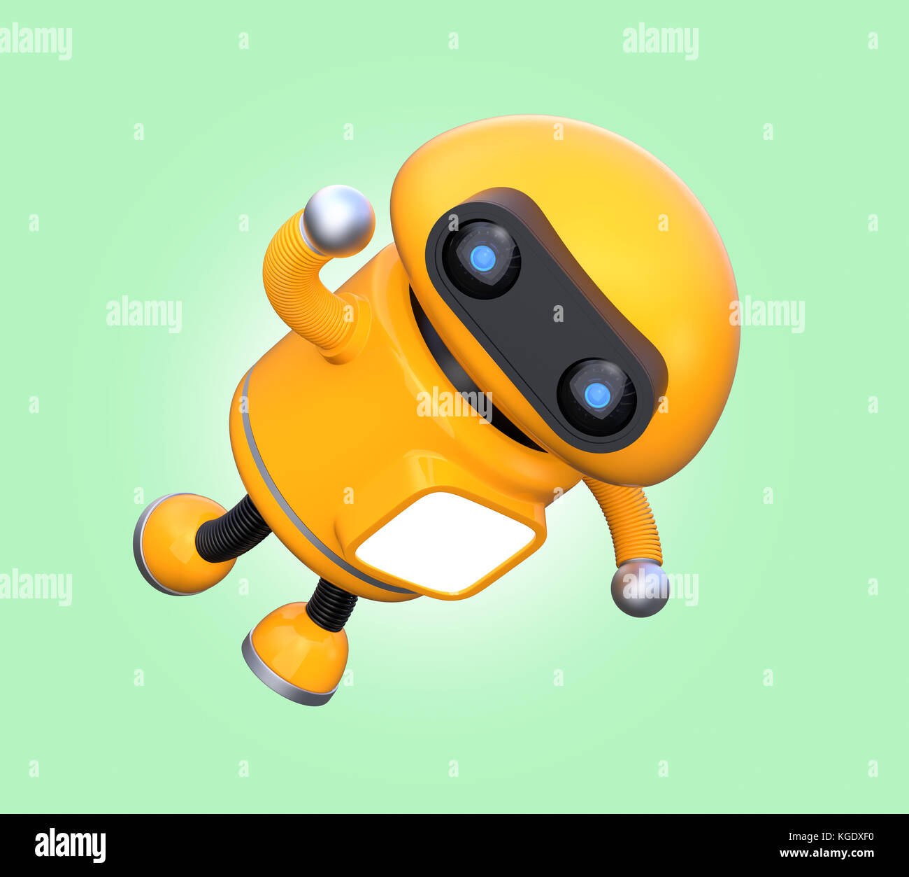 Cute orange robot is floating in the air. 3D rendering image. Stock Photo