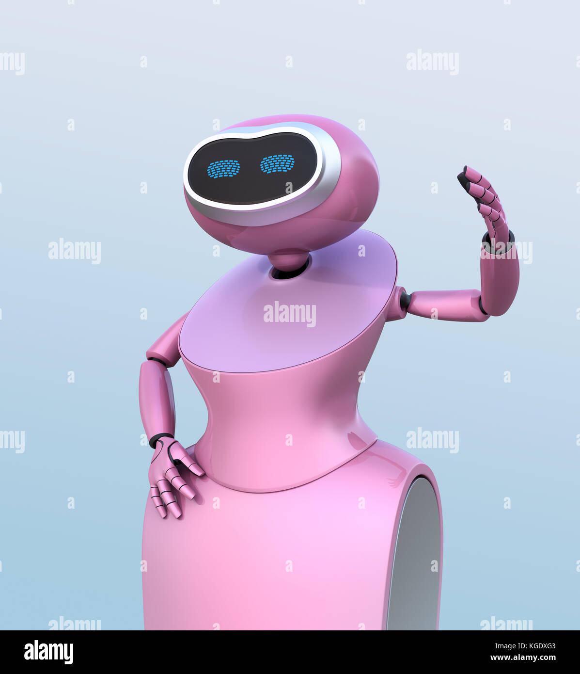 Pink humanoid robot isolated on light blue background. 3D rendering image. Stock Photo