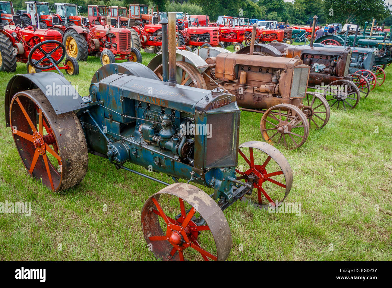 1917 Wallis K Series tractor with steel wheels on display with other historic vehicles at the 2017 Norfolk Starting Handle Club Show, UK. Stock Photo
