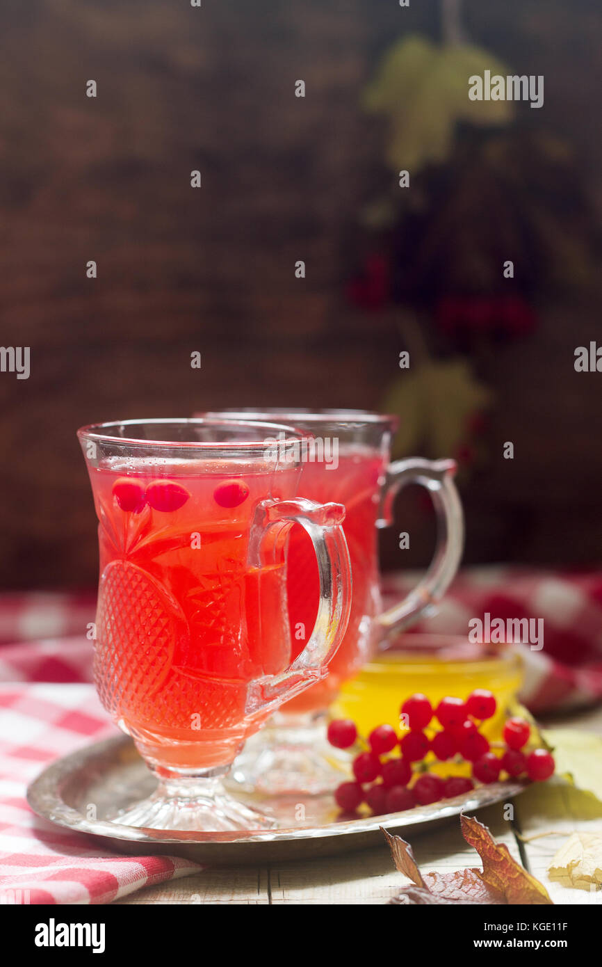 Useful vitamin tea from berries of the viburnum with honey with glass