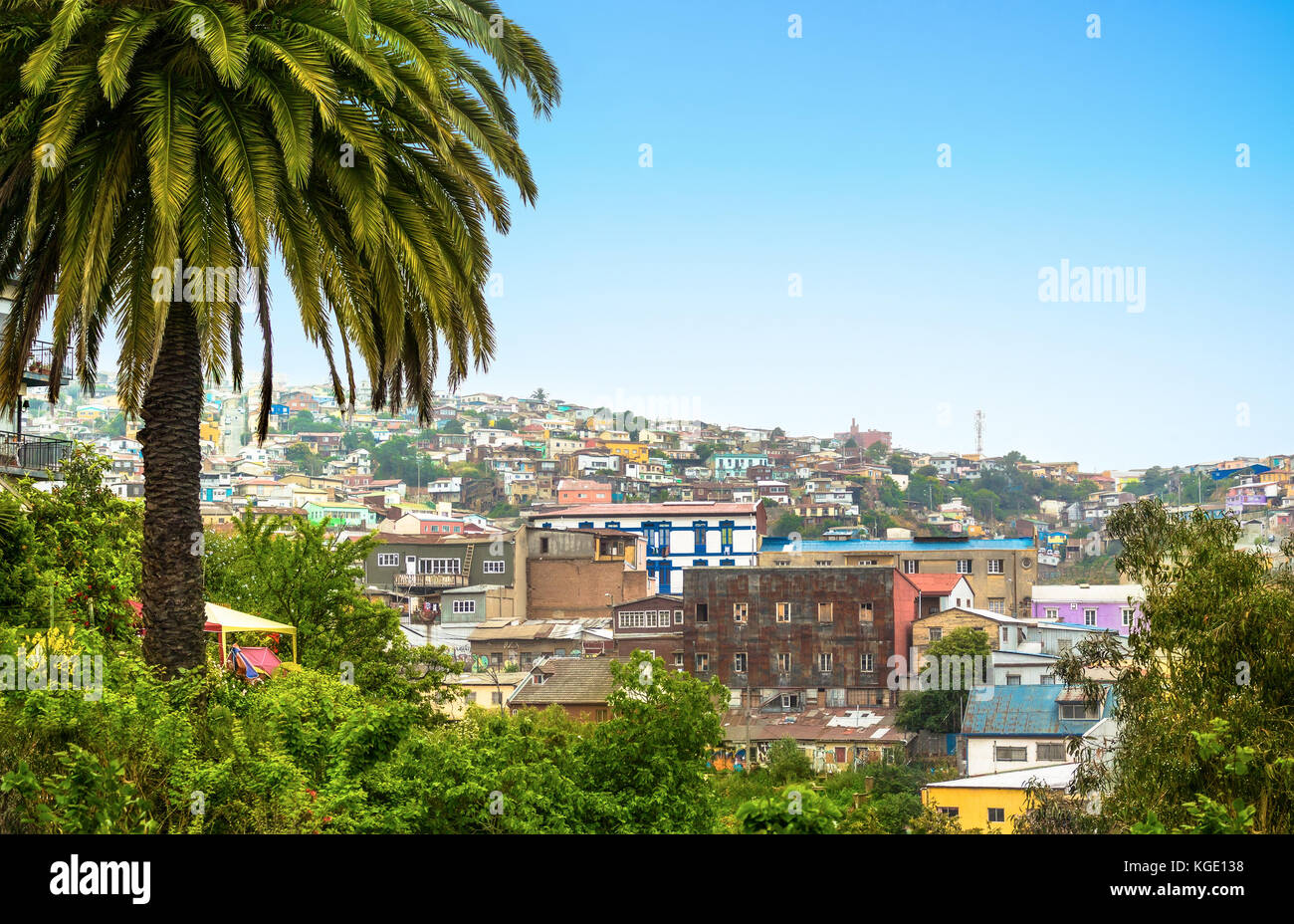 VALPARAISO, CHILE - OCTOBER 27, 2016: View of city center of Valparaiso form hill. Valparaiso is very picturesque city and famous as a UNESCO World He Stock Photo