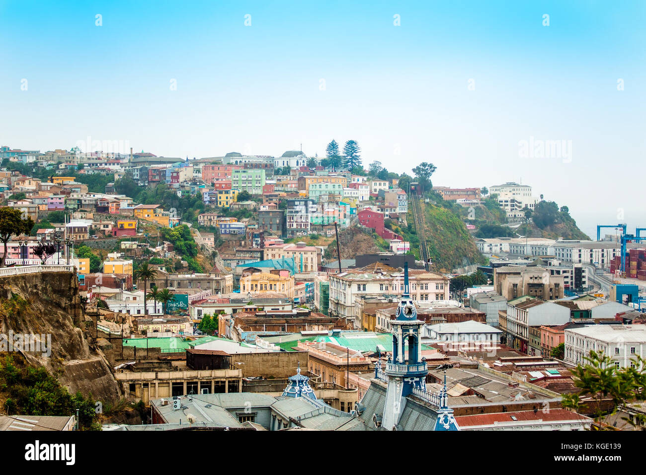 VALPARAISO, CHILE - OCTOBER 27, 2016: View of city center of Valparaiso form hill. Valparaiso is very picturesque city and famous as a UNESCO World He Stock Photo