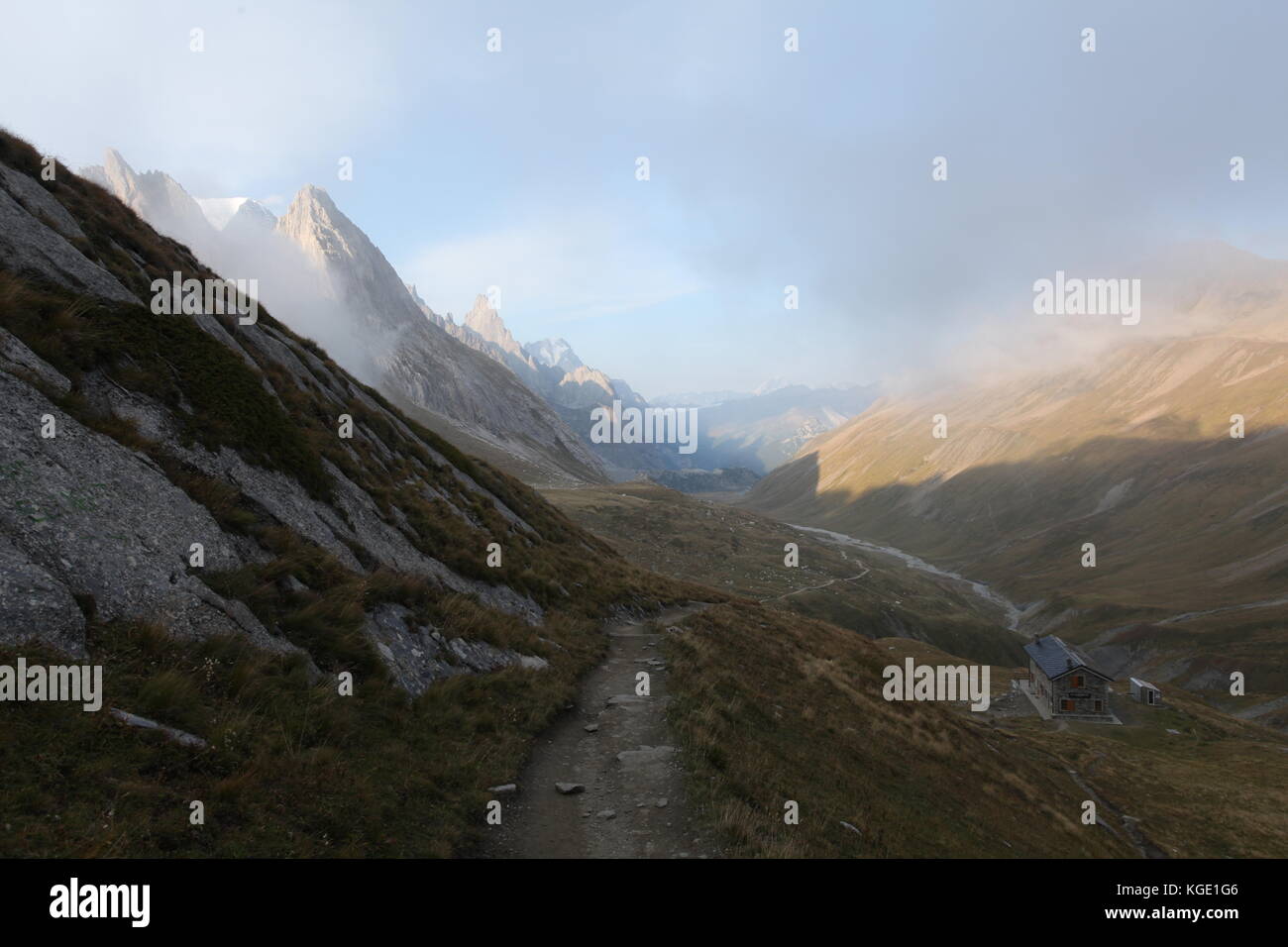 Amazing panoramas of mountain tops, glaciers and forests around the Mont Blanc mountain range in Europe - Italy, France and Switzerland. for hikers Stock Photo
