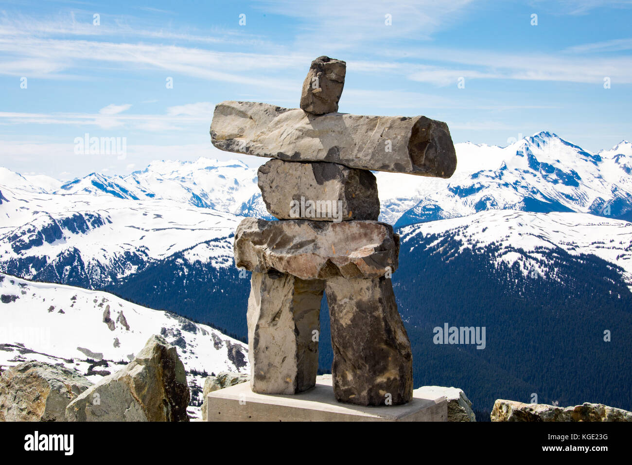 Inuit Inukshuk stone statue, Whistler mountain resort, British Columbia, Canada Stock Photo