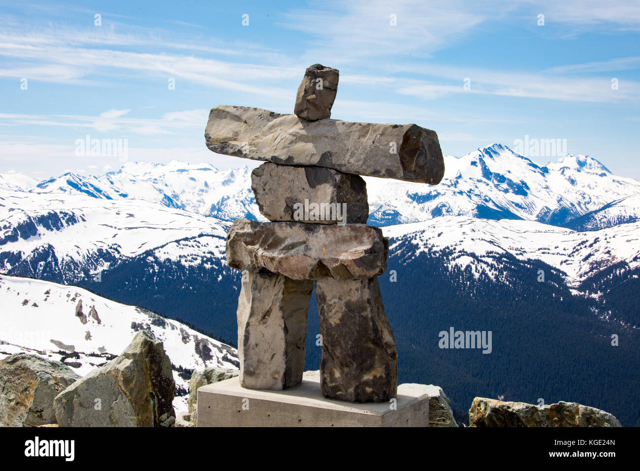 Inuit Inukshuk stone statue, Whistler mountain resort, British Columbia, Canada Stock Photo